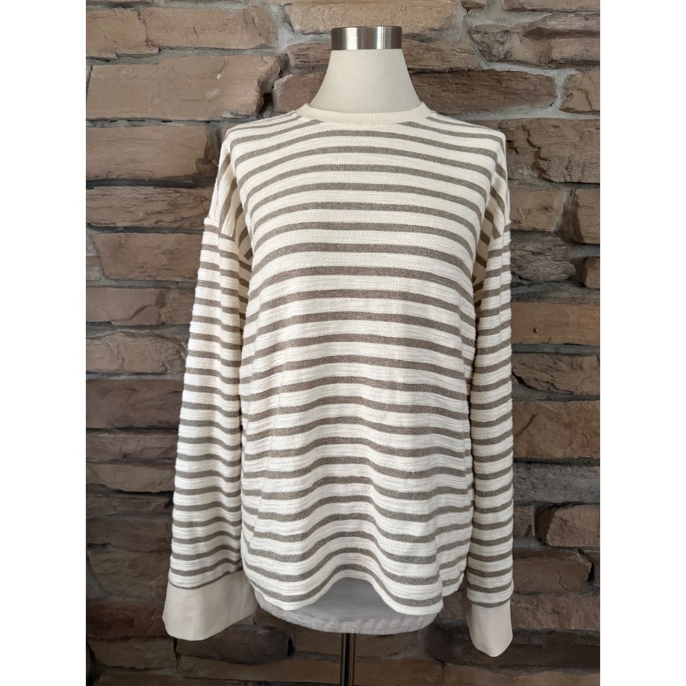Anthem The Label Striped Pullover Sweatshirt Cream Taupe Drop Shoulder Large